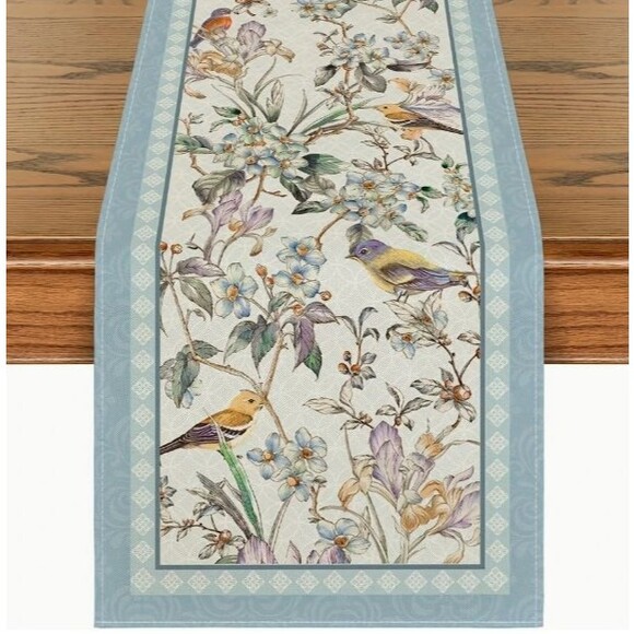 Table Runner 13x72in Linen Blend Blue w/ Birds and Branches Flowers - Picture 1 of 3
